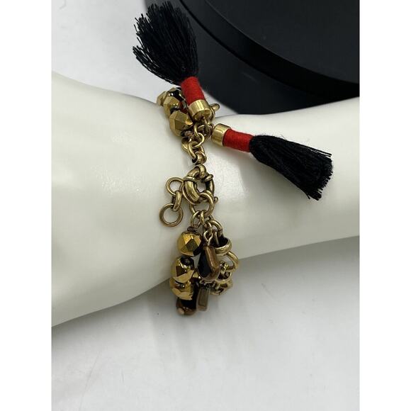J. Crew Gold Tone Bronze Triple Strand Bracelet Dangles Black Red Tassel - Picture 6 of 11